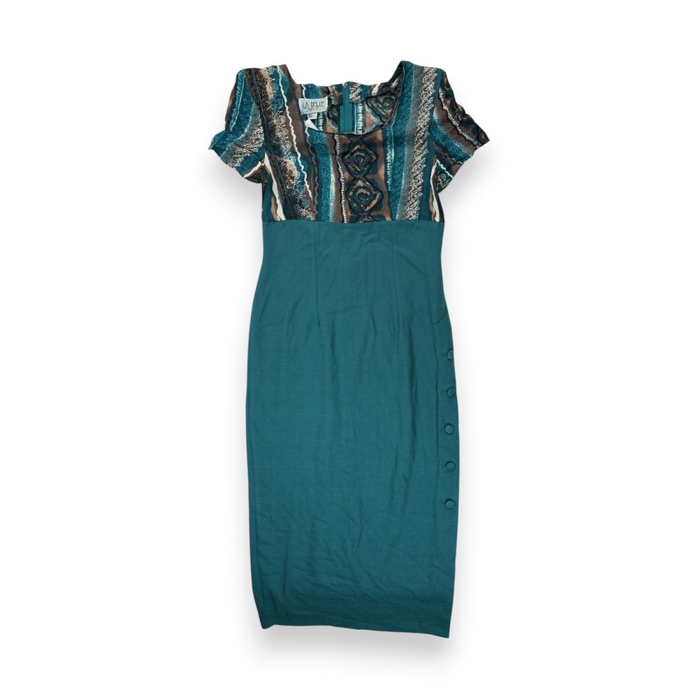 NWT Vintage La Belle Dress Short Sleeve Green Abstract Pattern Size 9 USA Made